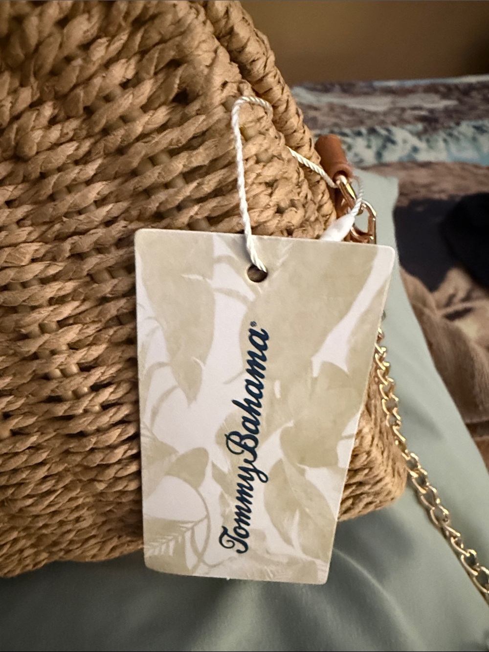 Tommy Bahama Natural Woven Straw Crossbody with Tan Leather and Gold Chain - Picture 2 of 2